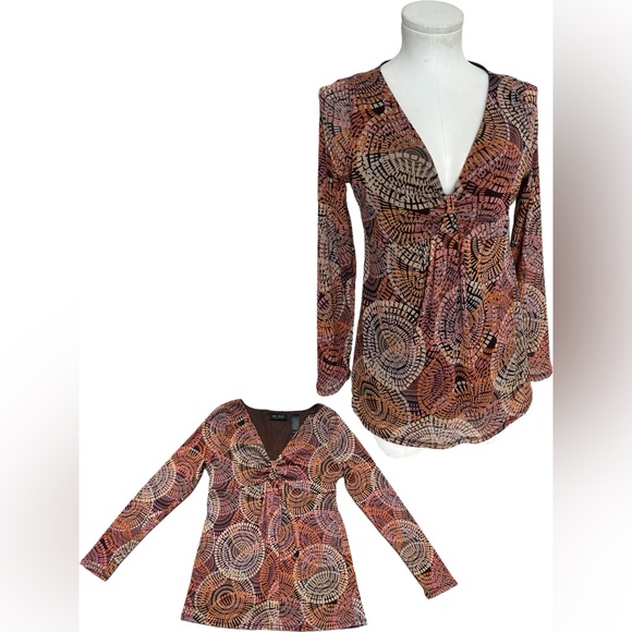 Vintage Axcess Brown/ Orange/ Pink  Sheer Sleeves Blouse Women Size M (Medium) - Picture 8 of 8